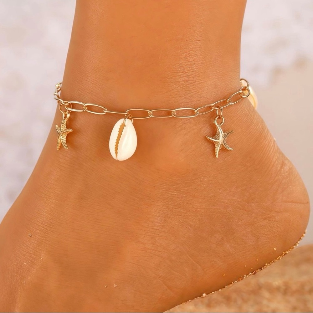 💞 New Boho Gold Ankle Bracelet with Starfish & Sea Shell Pendants